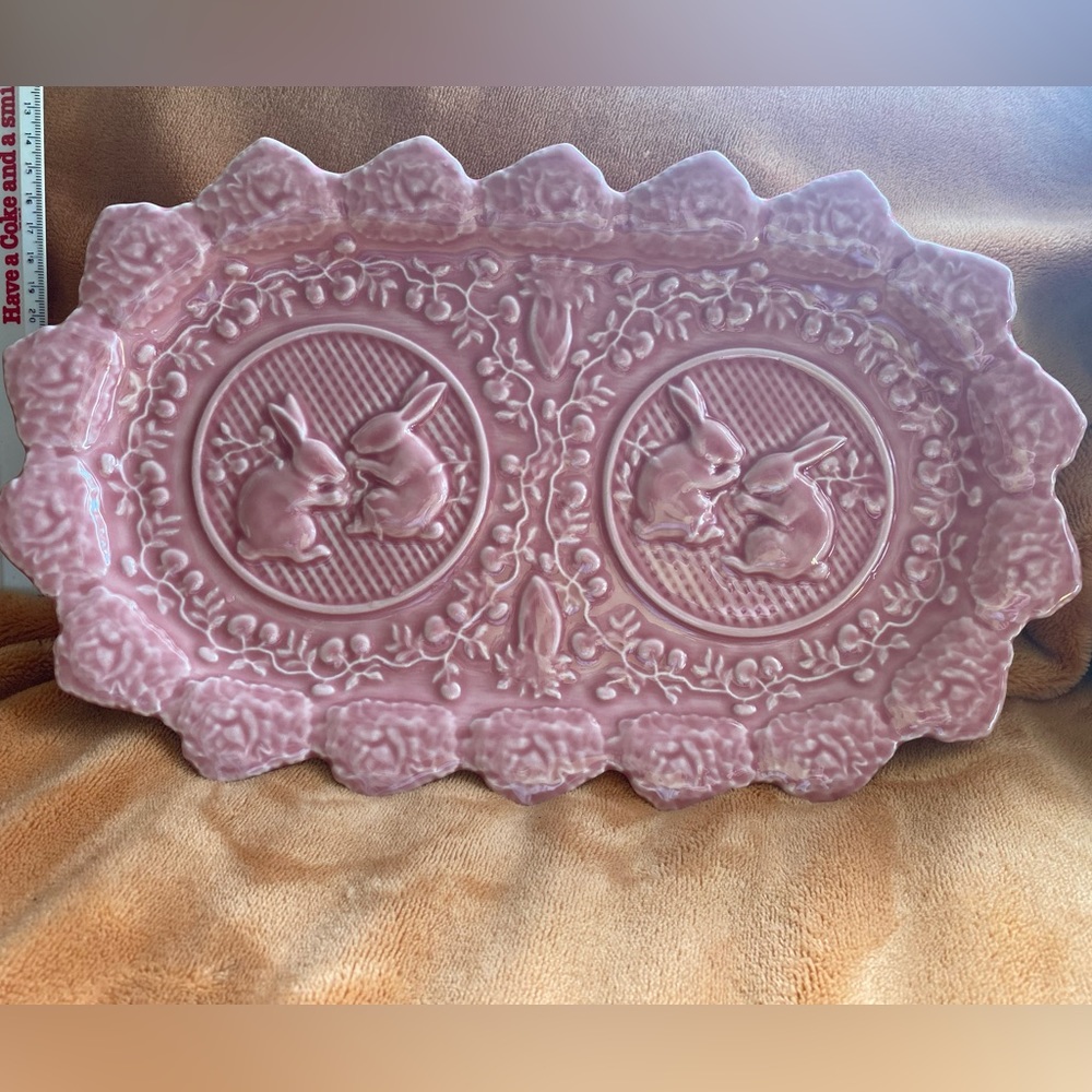 EASTER Rabbit serving tray Bordallo Pinheiro,  dinnerware,pink ceramic spring